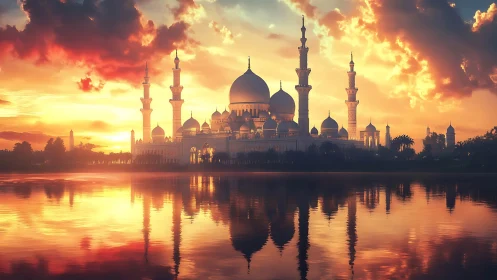 Lakeside domed mosque silhouette at luminous sunset reflection