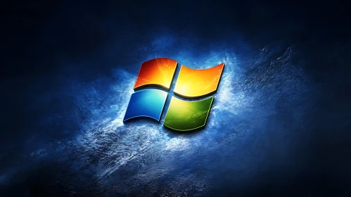 Glowing Windows logo radiates over deep blue digital space