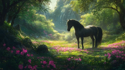 Midnight horse pauses where waterfalls whisper in bloom