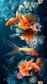 Whirling koi dreams among blooming underwater petals.