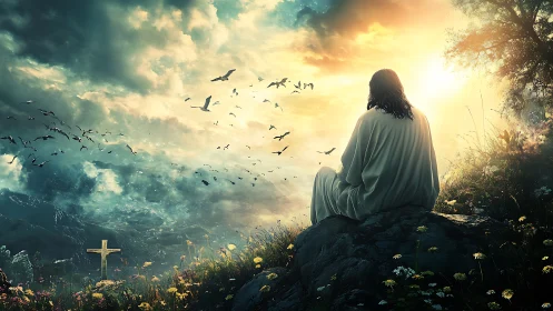 Solitary robed figure at sunrise above valley cross.