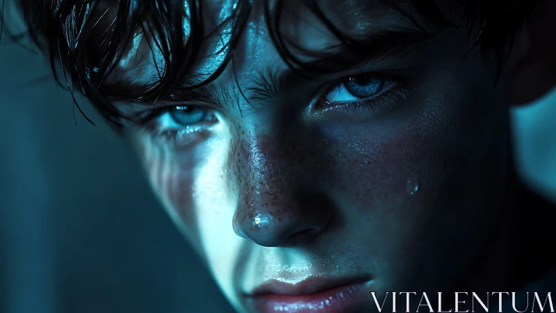 Moody close-up portrait uses cold rim lighting and microtexture detail