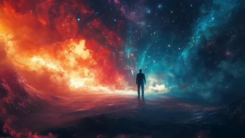 Lone figure confronting dual nebula skies in vivid cosmos.