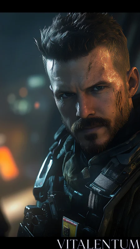 Futuristic armored soldier portrait in dim urban setting.