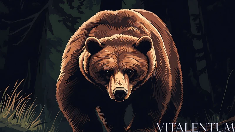 Powerful brown bear strides through shadowed forest path.