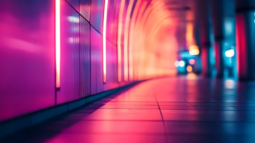Neon tunnel glows with soft pink and blue urban light