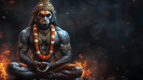 Fiery meditation with a serene mythic guardian spirit.