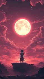 Silhouetted figure beneath large full moon on red plateau.