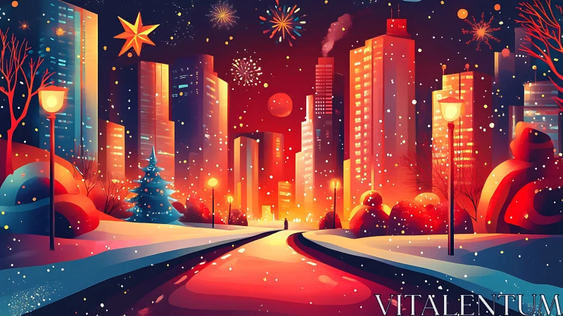 Glowing winter city street shimmers under festive fireworks