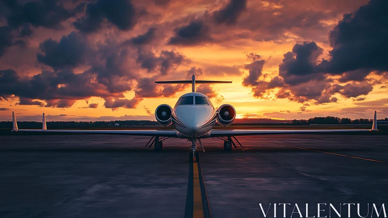 Business jet nose-on under turbulent stratocumulus sunset sky.