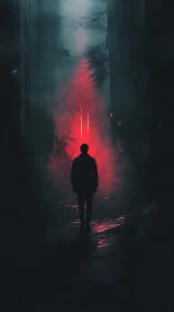Silhouette strolls into neon fog where midnight quietly burns