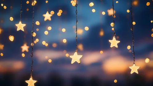 Star-shaped string lights hang against blurred evening sky