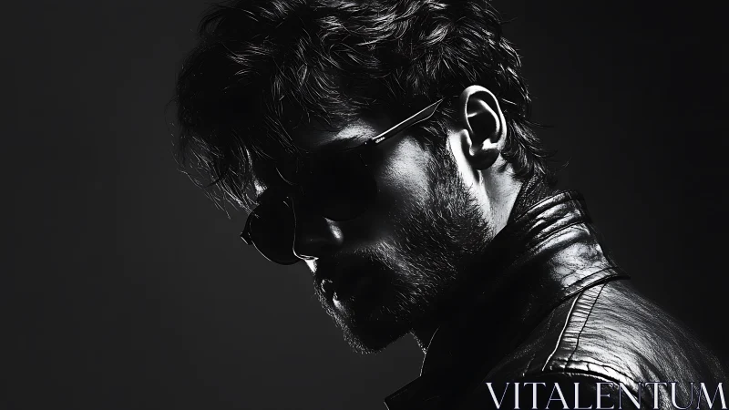 Moody side profile of man in sunglasses and leather jacket.