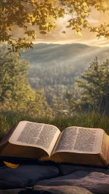 Open vintage book on forest hillside at golden sunset.