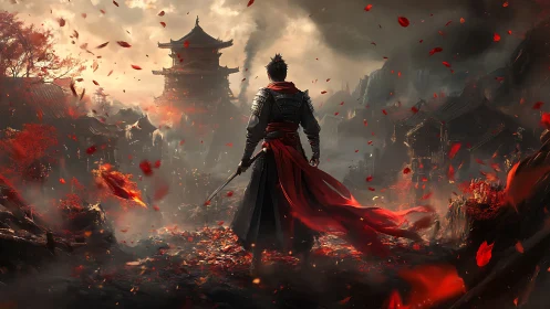 Lone samurai faces burning fortress under storm-darkened sky