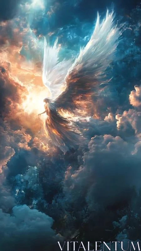 Radiant celestial angel ascends through glowing storm clouds