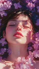 Young woman in pink flower bath with closed eyes.