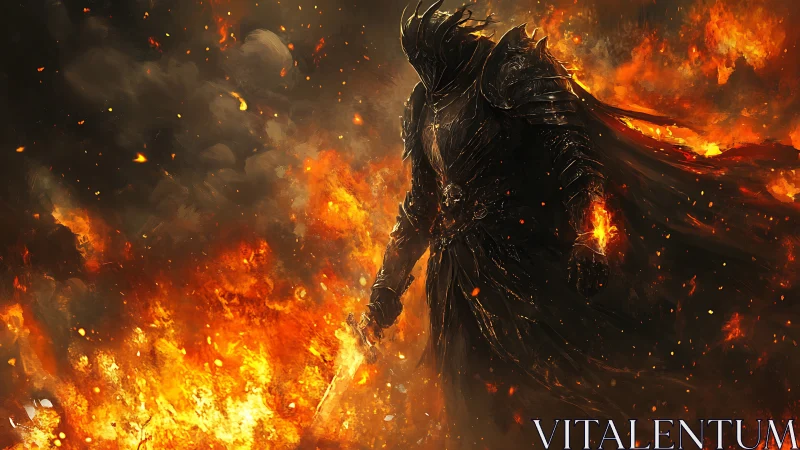 Armored dark figure in flames holding a burning sword.