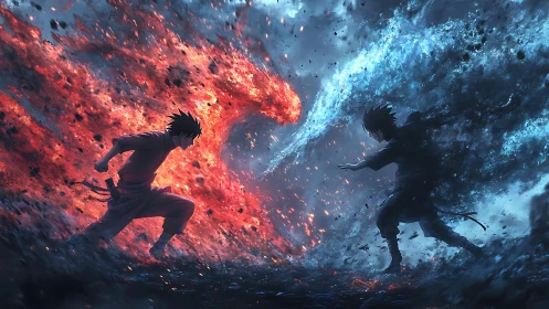 Elemental duel depicts symmetric fire and water energy collision