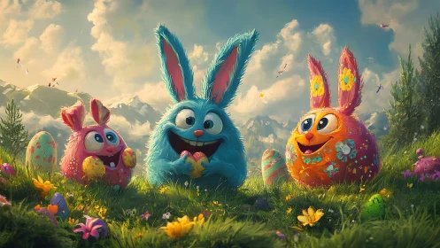 Anthropomorphic rabbits with eggs in alpine meadow setting.