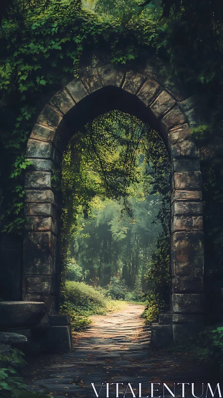 Stone forest gateway opening onto a softly lit hidden path.
