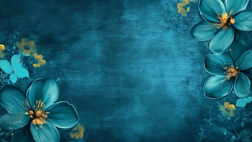 Teal Botanical Composition with Digital Floral Elements and Textured Background
