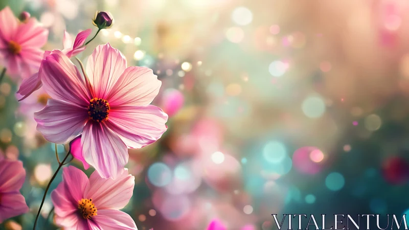 Pink cosmos flowers bloom luminous, soft bokeh garden light.