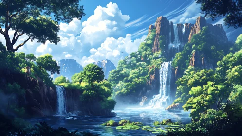 Sunlit waterfalls cascade through a lush hidden valley.