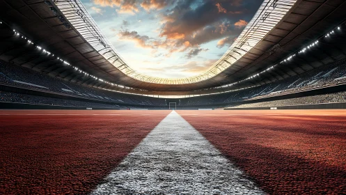 Low-angle stadium track view emphasizes converging perspective