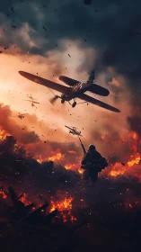 Wartime Aviation Spectacle: Silhouetted Pilot Amid Explosive Chaos.