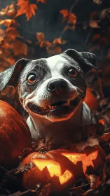 High-contrast Halloween portrait of dog amid carved pumpkins.