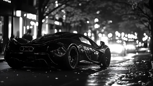 Black supercar glides through wet night city street.