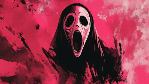 Elongated spectral scream mask rendered in high contrast crimson