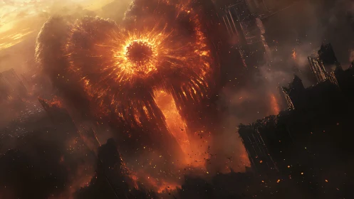 Gigantic fiery vortex consuming a collapsing dark city.
