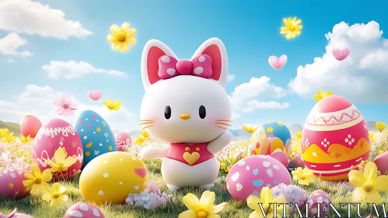 Cute white cartoon cat in bright Easter egg meadow scene.