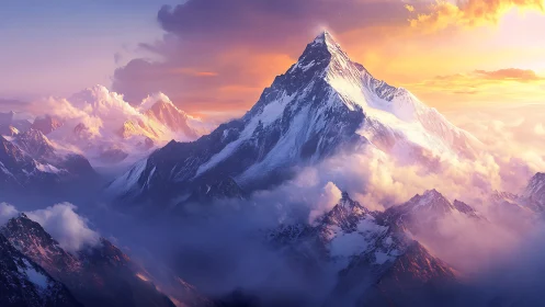 Sunlit mountain peak rising above glowing pastel clouds.