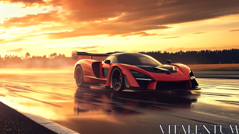 Red track-focused sports car on wet circuit at sunset.