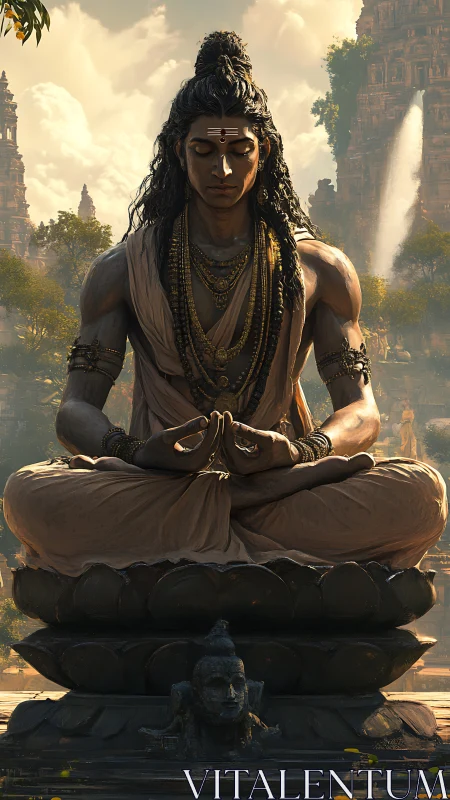 Silent lotus meditation beneath sunlit temple towers.