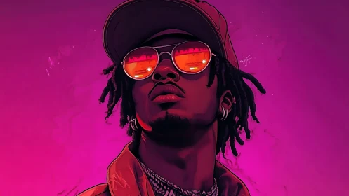 Chromatic neon portrait of stylized hip hop figure in profile.