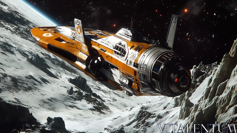 Orange survey dropship skims cratered icy moon ridge.