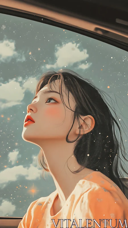 Celestial portrait in car window with soft pastel starlight.