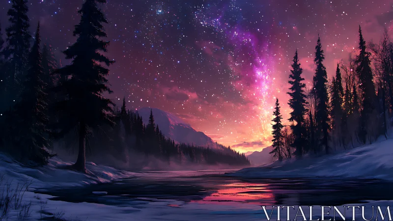 Winter river under a violet galaxy stitched with starlight.
