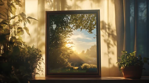 Framed landscape photograph shows sunlit garden at sunrise