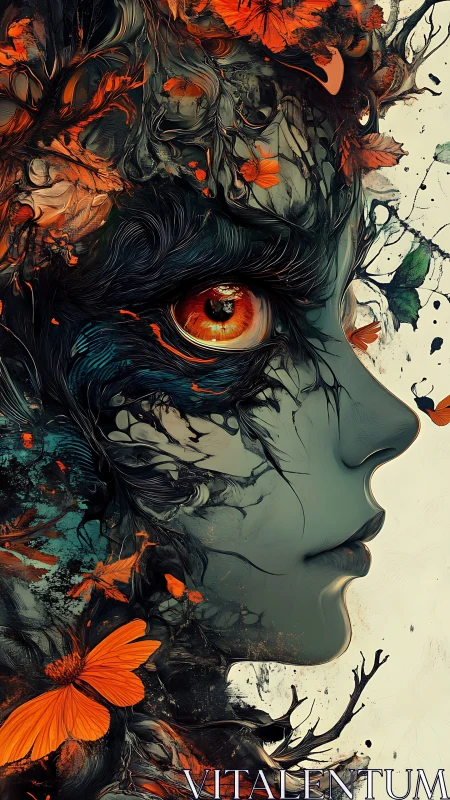Side profile portrait merges female face with organic foliage