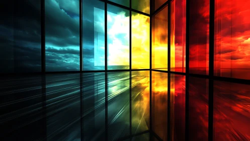 Colored glass corridor reflects dramatic stormy sky
