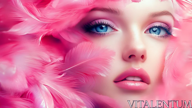 Pink feathers frame stylized blue eyed female portrait.