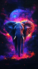 Cosmic elephant strides through glowing neon starlight.