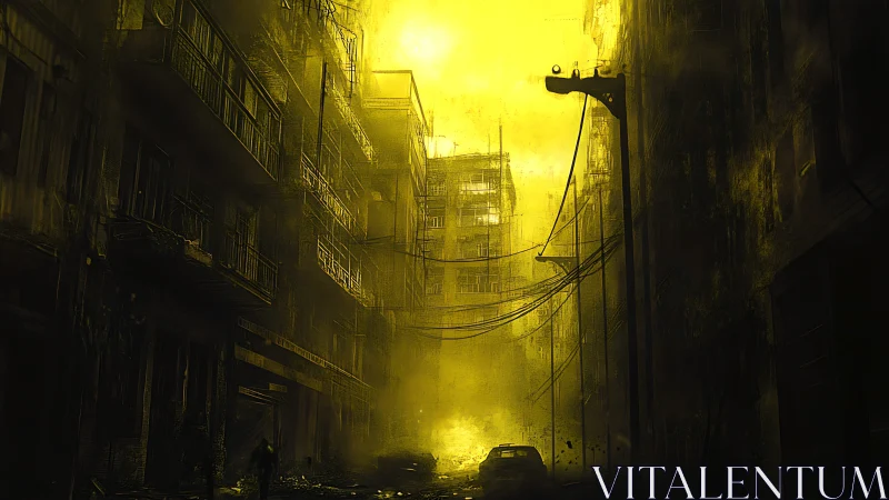 Toxic yellow haze engulfing derelict urban canyon at dusk.