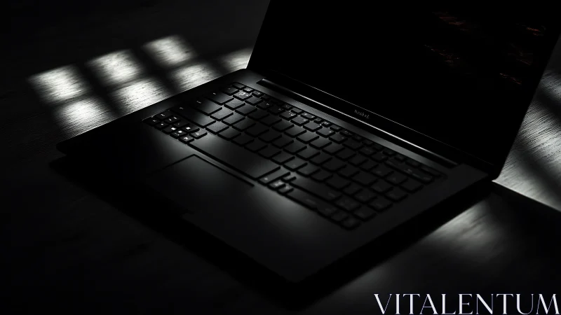 Sleek black laptop glows in dramatic low key lighting.
