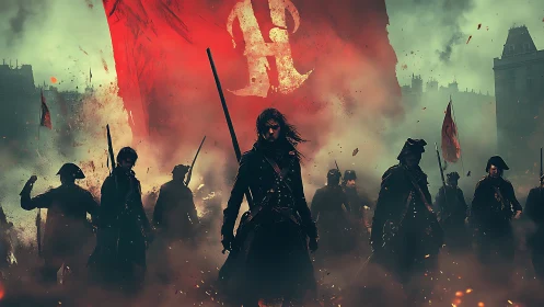 Defiant rebel leader strides forward through swirling smoke.